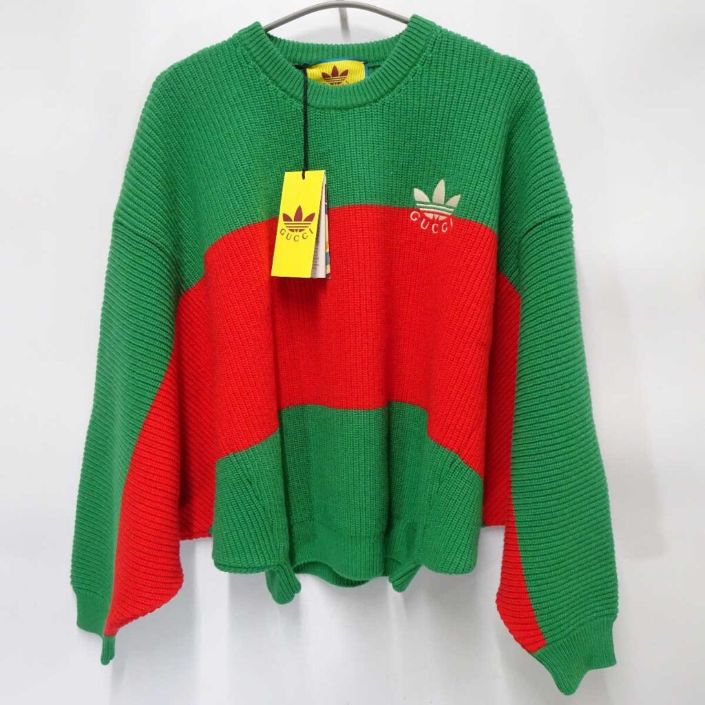 GUCCI ×adidas グッチ アディダス 696291 XKCH7 ロゴ刺繍 ウール ニット セーター S グリーン レッド メンズ メンズ